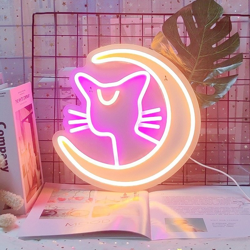 Anime Art Neon Sign with Luna Cat Design