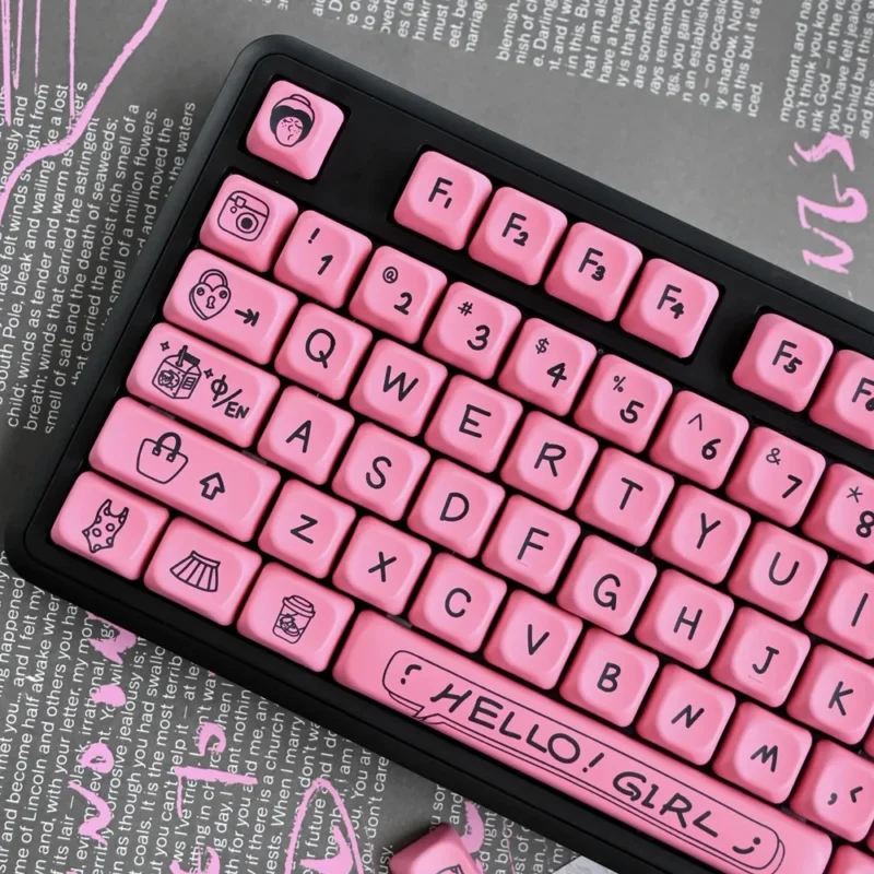 Cute Black Pink Keycaps Set Graffiti Black on Pink Kawaii KOA PBT