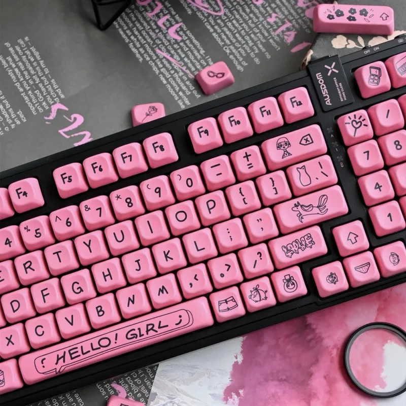 Cute Black Pink Keycaps Set Graffiti Black on Pink Kawaii KOA PBT - Image 2