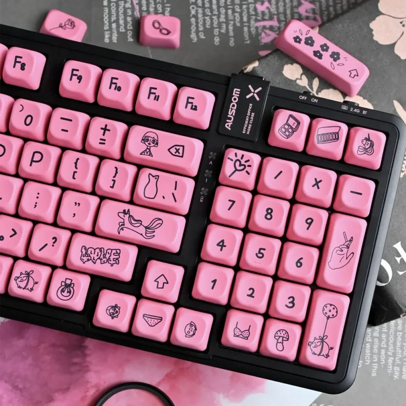 Cute Black Pink Keycaps Set Graffiti Black on Pink Kawaii KOA PBT - Image 3