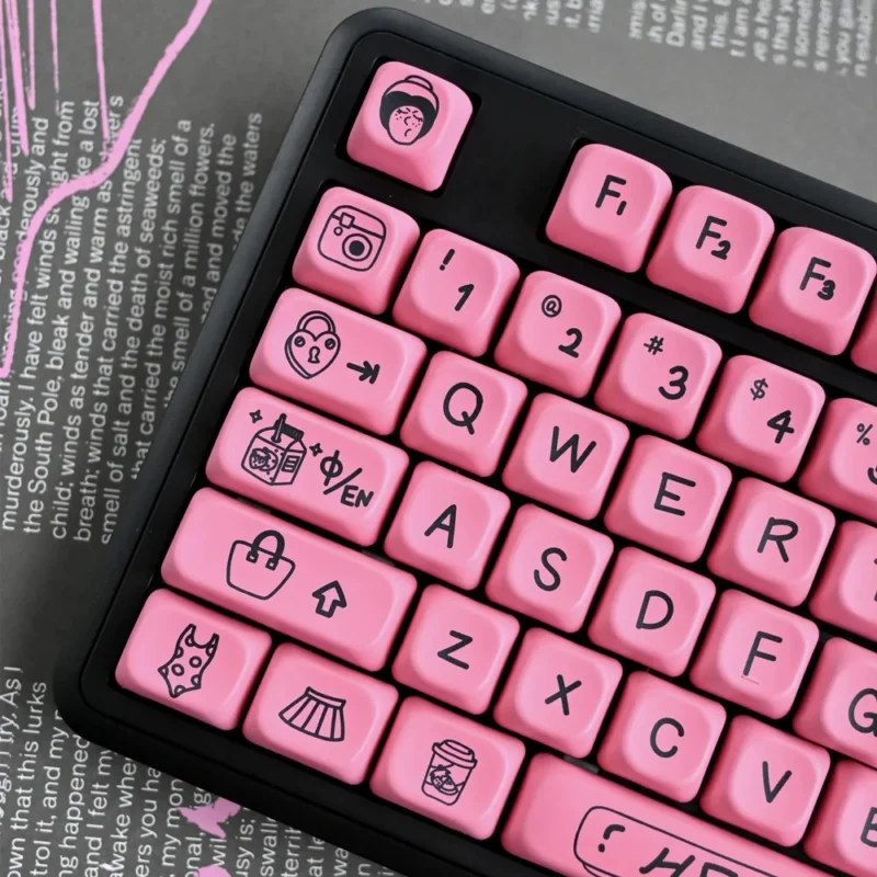 Cute Black Pink Keycaps Set Graffiti Black on Pink Kawaii KOA PBT - Image 4