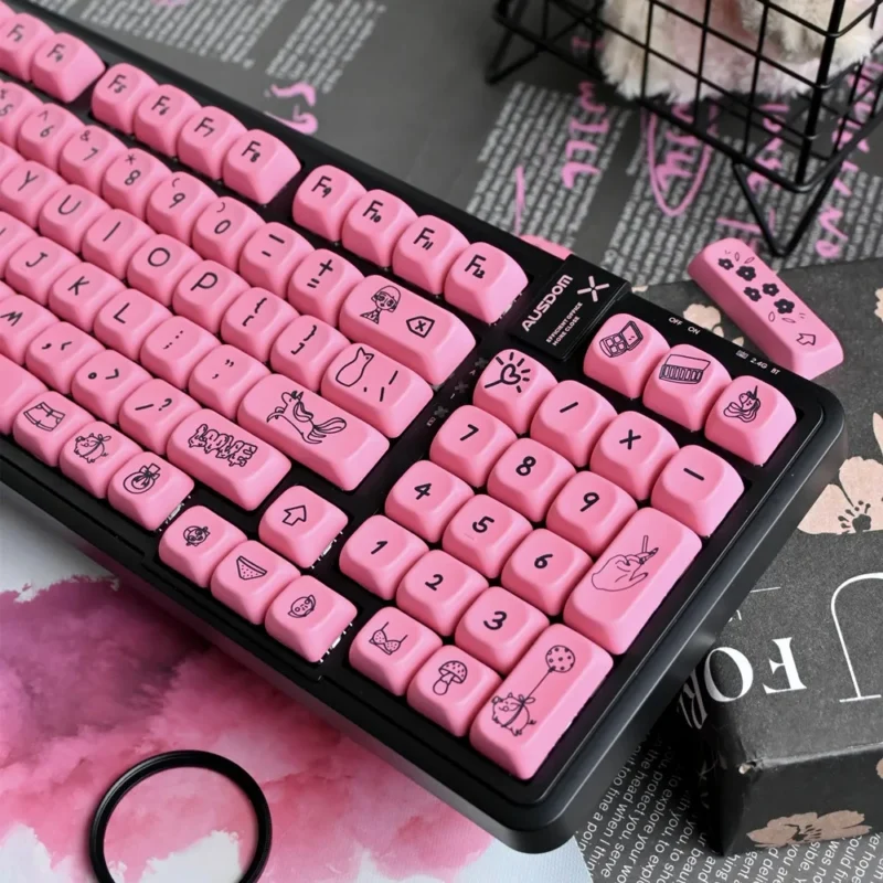 Cute Black Pink Keycaps Set Graffiti Black on Pink Kawaii KOA PBT - Image 6