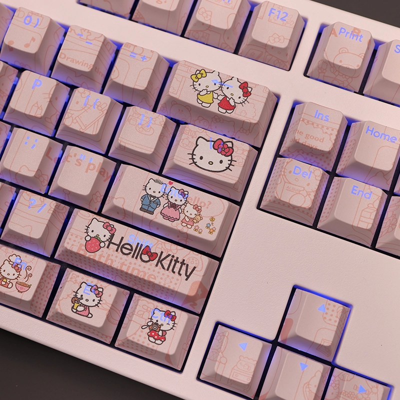 Hello Kitty keycaps translucent pink kawaii Sanrio mechanical keyboard RGB cute gaming workspace
