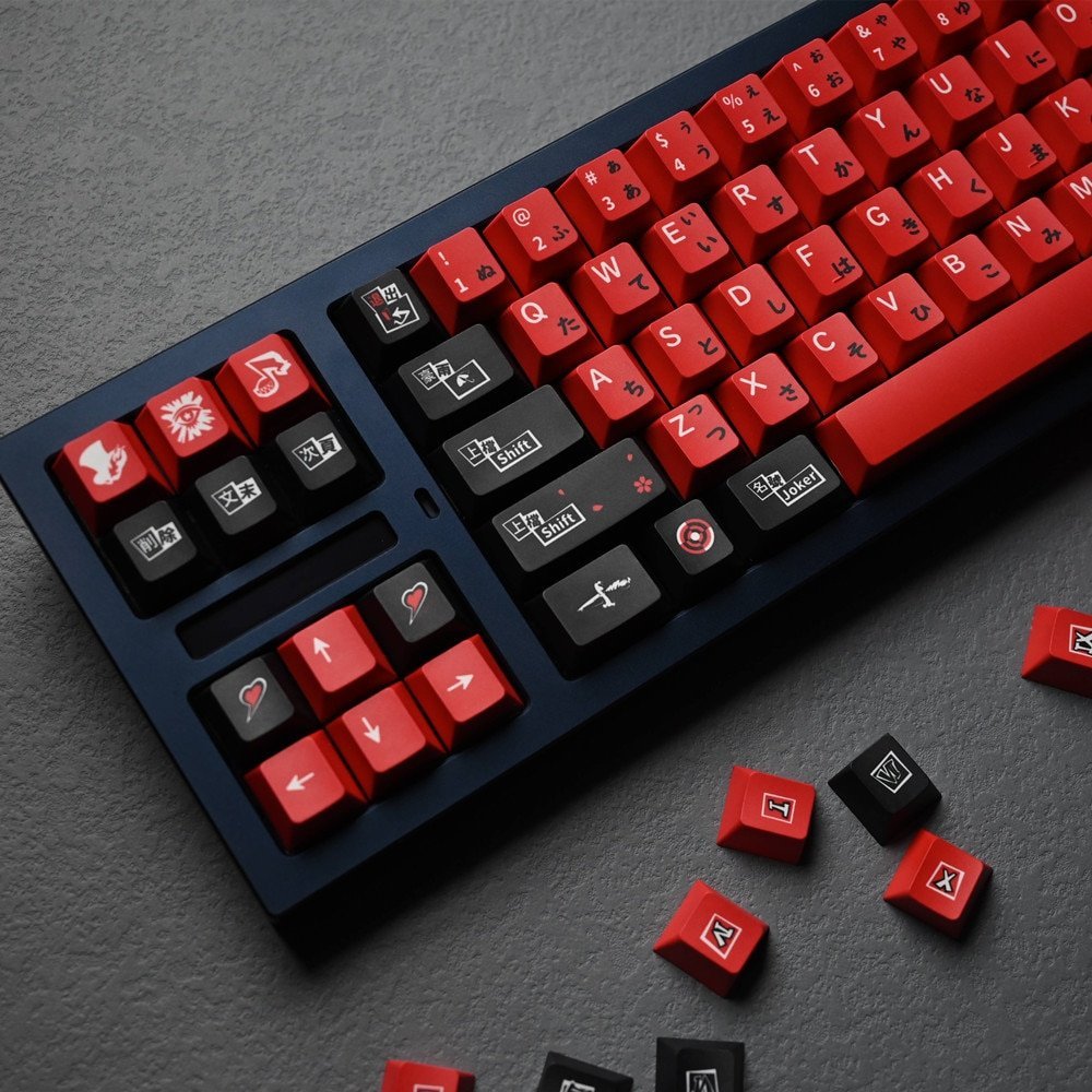 Close-up of Persona 5 keycaps showing PBT material quality and Cherry profile sculpting