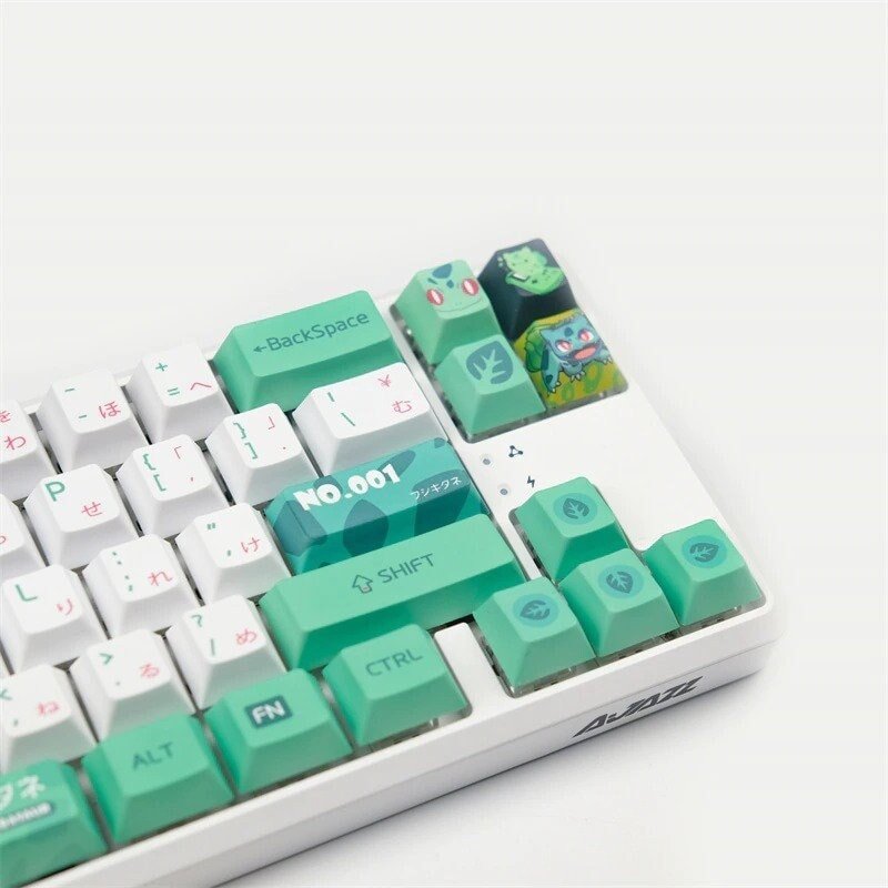 Best Pokemon keycaps showing Bulbasaur green and white colours on mechanical keyboard with Kanto starter design
